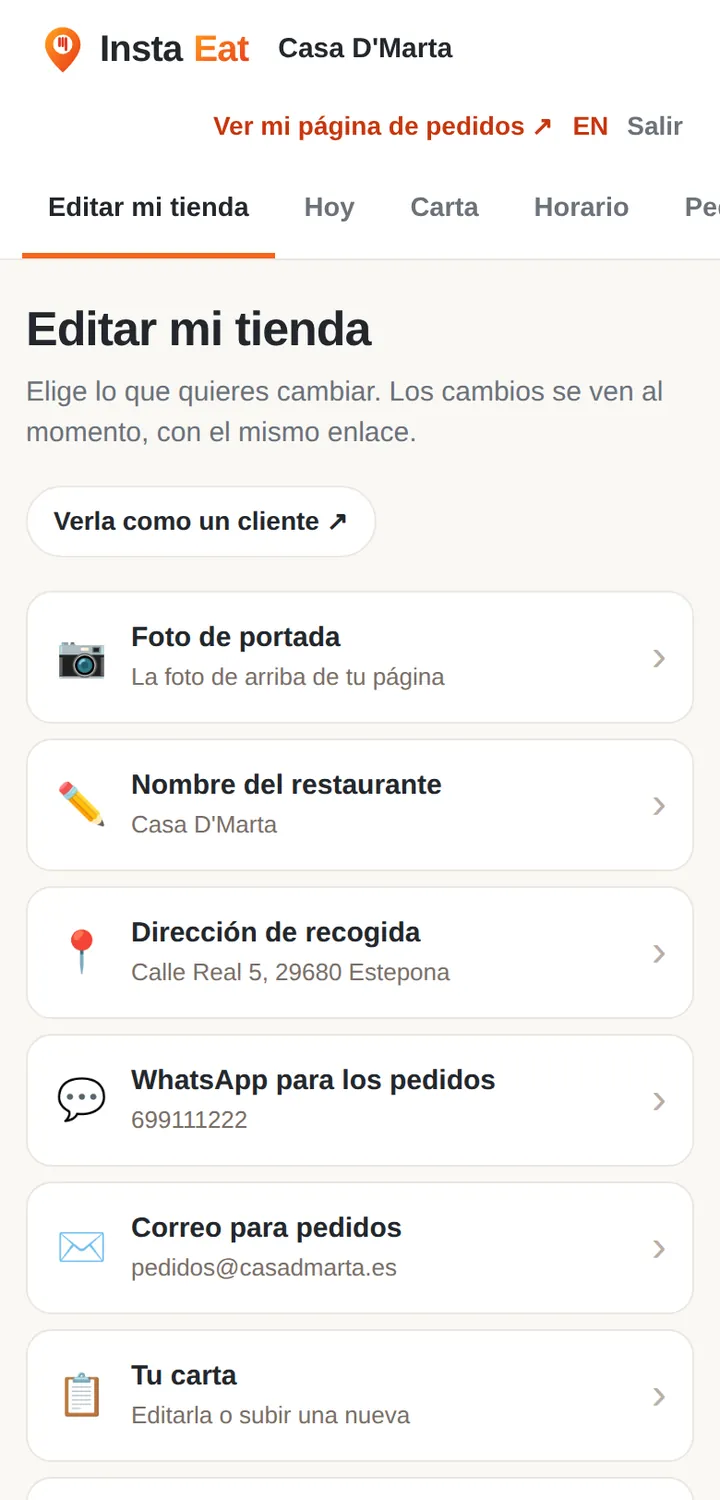 El panel de Insta Eat en un móvil: Editar mi tienda